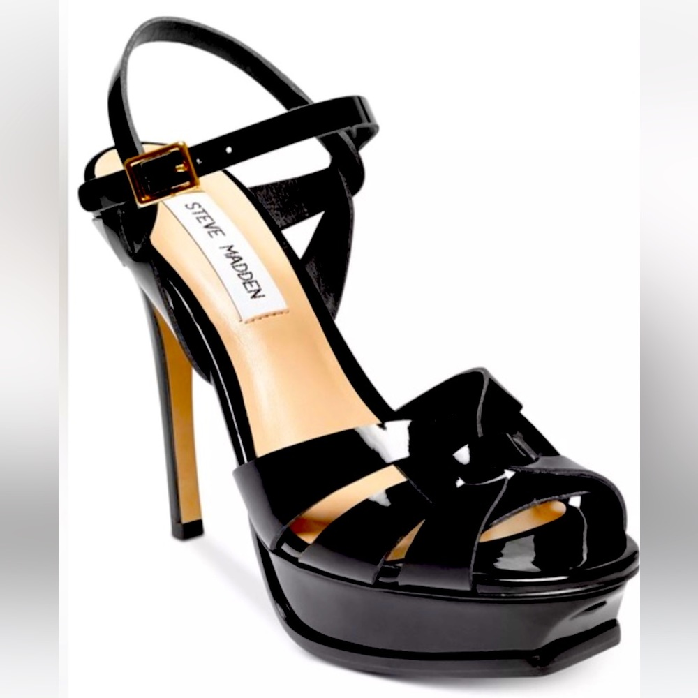 Steve Madden Kananada Black Patent Leather Platform Heeled Sandals Size 8
